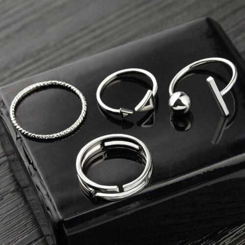4 Pcs/Set Korean Style Rings Simple Metal Finger Ring Silver color Color Adjustable For Women Gift Ring Set