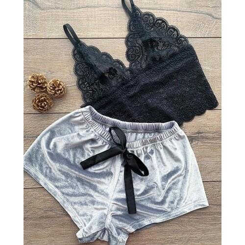 US Fashion Women 2pcs Velvet Sleepwear Sexy Spaghetti Strap Velvet Shorts Pajama Set Ladies Sleepwear female Pajama Party Set