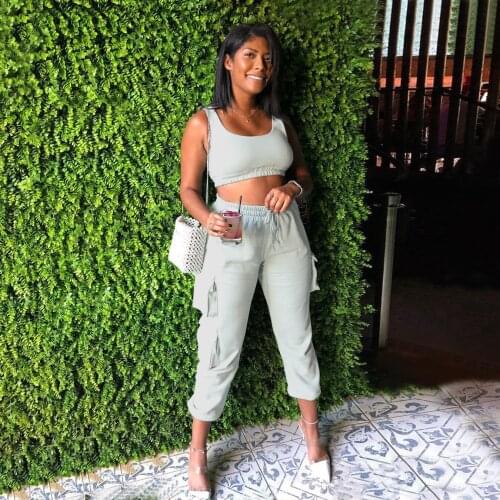 Women Drawstring Two Piec Set Solid Summer Tank Crop Top + Sweatpants Casual Joggers Sexy Sportswear Outfit For Woman Pant Suits