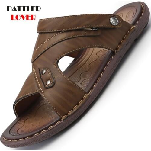 Summer Leather Sandals Men Outdoor Beach Sandalies Flip Flops Shoes Breathable Comfortable Fashion Male 2020 Large Sizes 38-46