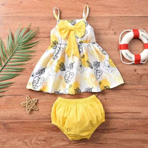 Infant Baby Summer Clothing Baby Girls Clothes Set Yellow Sleeveless Square Neck Dress Tops and Elastic Waist Shorts