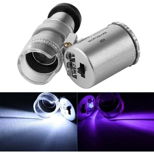 60x Microscope Portable Mini Pocket Microscope Magnifier Jeweler Loupes Glass Lens LED Light Money Detect Lamp Tester