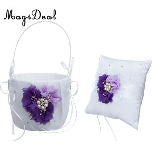 MagiDeal Wedding Ring Pillow and Flower Girl Basket Set with Crystal Rhinestone Pearls Purple Flower Decorations
