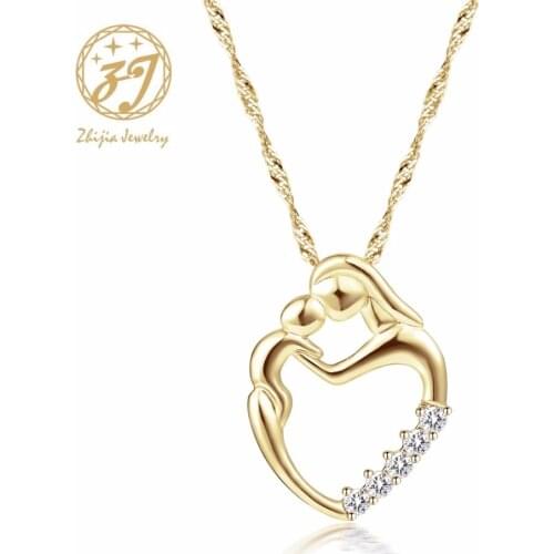Zhijia Mother Baby Heart Charm Pendant Necklaces Mom Daughter Son Family Love Micro Pave Zircon Copper Necklace For Birthday