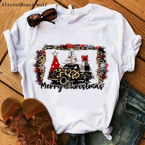 Fashion Women T-Shirt Merry Christmas Tree Leopard Printed white clothes Female truck leopard t-shirt Casual Ladies Tops tshirt