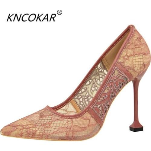 KNCOKAR2018 Fashionable stiletto heels with ultra high heels and shallow stilettos sexy lace mesh stiletto heels for women