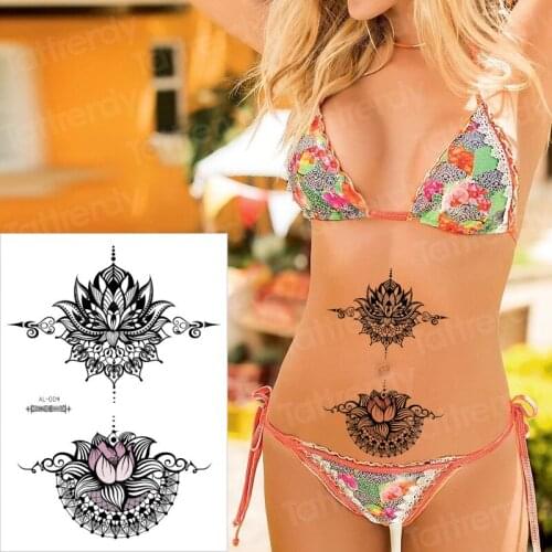 Stickers bikini body tattoo fake black henna tattoo sticker mandala lotus sternum temporary tattoo under breast sexy arab decal