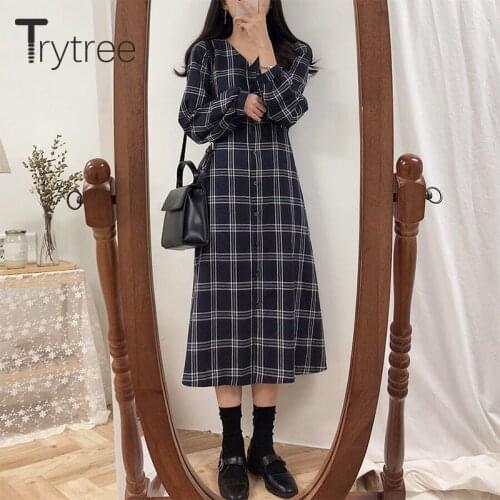 Trytree 2020 Spring Autumn Dress Women Casual V-neck Plaid 2 Color Single Breasted A-line Loose Fashion Mid-Calf Blouse Dress