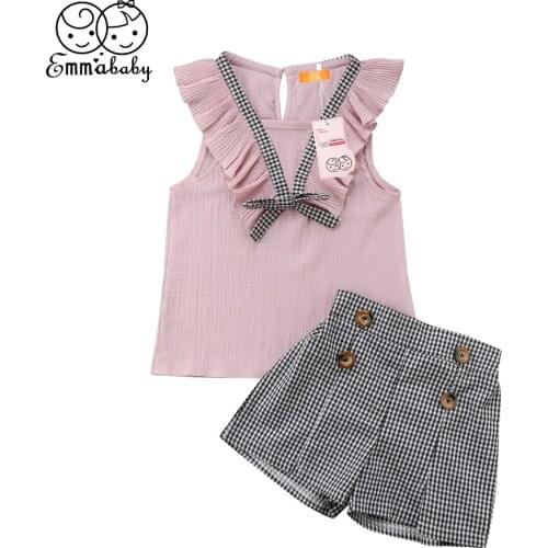 Summer Fashion Kid Clothes Sets Toddler Kids Baby Girls Sleeveless V-neck Shirt Tops+Plaid Pants Shorts 2PCS Outfits Clothes Set