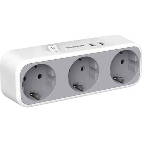 USB Wall Socket Power Strip with 3 AC Outlets and 2 USB Ports 110-230V EU Plug On Off Adapter Charger for Home Office Travel