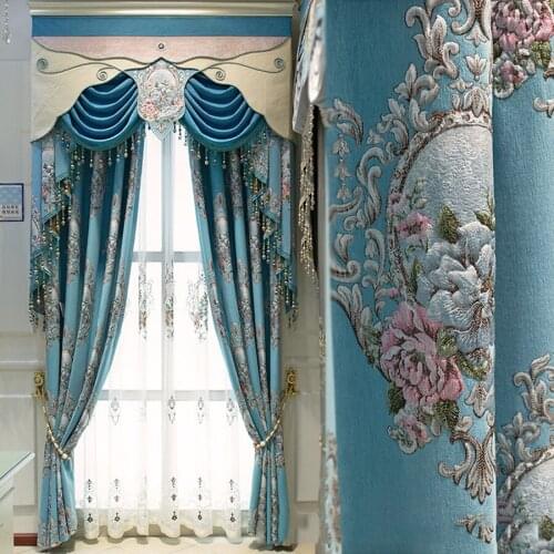 Blue Luxury Chenille Jacquard Bedroom Window Curtains Exquisite Embossed Garland Design Villa Curtains for living room MY229#45