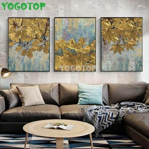 Contemporary Art Golden Tree Leaf diamond embroidery 3 Piece 5d diy handcraft diamond painting full mosaic set Triptych,ML1419