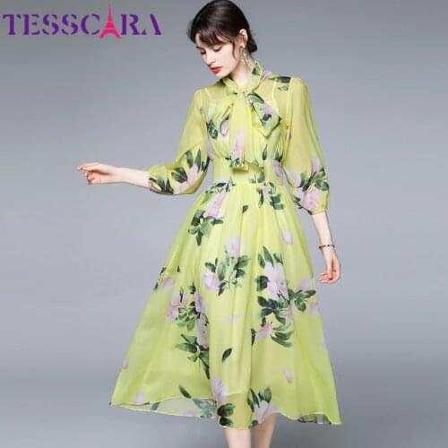 TESSCARA Women Summer Elegant Floral Chiffon Dress Festa High Quality Long Party Robe Femme Vintage Bow Designer A-Line Vestidos