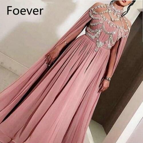 Pink Dubai Evening Dresses Design Diamond High Collar Long Cap Sleeve Saudi Arabic Evening Gowns 2019