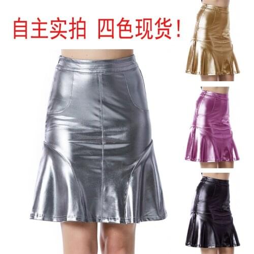 Spring 2020 European and American womens clothing European and American temperament ruffled stitching PU patent leather skirt w