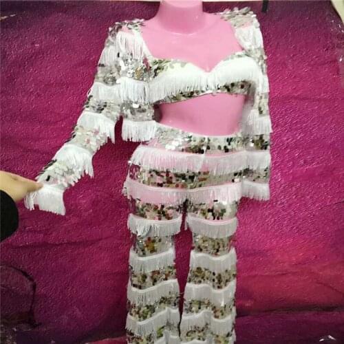 X55 Party singer stage wears sequin silver suit perform dress women sexy bra pants bar flares dance costumes proom clothing show