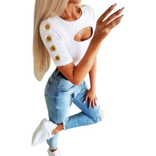 2021 Summer Sexy Hollow T-shirt Short-sleeved O-neck Top Casual Solid Color Round Neck Short-sleeved Button Ladies T-shirt New