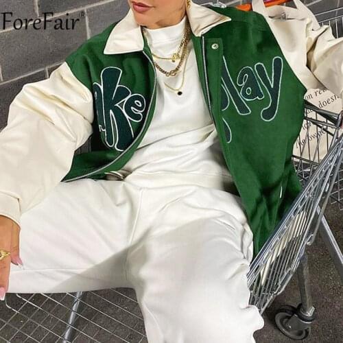 Forefair 2021 Patchwork Autumn Winter Green Jacket Baseball Women Fashion Letter Print Casual Oversized Coat Varsity Bomber