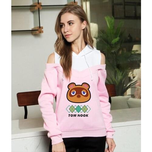 Kawaii Hot Game Animal Crossing Tom Nook Sexy Off Shoulder Hoodies Women Fashion Hooded Sweatshirt Hot Sale Streetwear Clothes