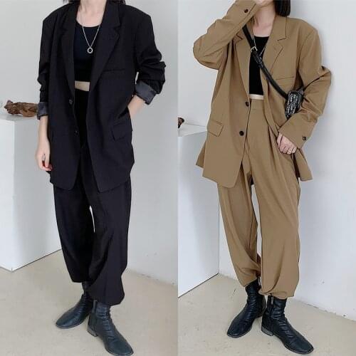 Korean-Style Loose Casual Suit Women Chic Outfits Single Breasted Blazer Jacket and Drape Pant Casual Suit 2 Pieces Set