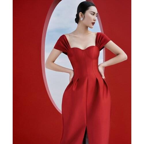 High Quality Summer New Sexy Off Shoulder Red Slim Split Mid Bandage Dress Vintage Elegant Celebrity Evening Party Dress