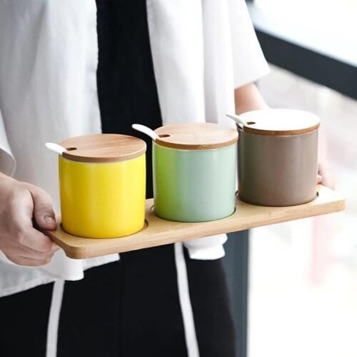 3PCS/Set Creative Kitchen Ceramic Seasoning Pot Sugar Salt Bowl Snack Tea Coffee Storage Tanks