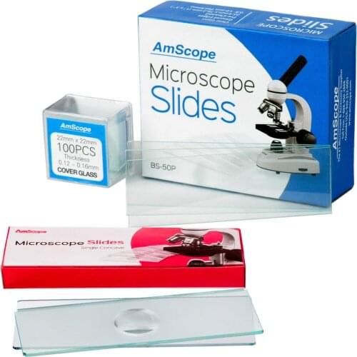 AmScope 50 Pre-Cleaned Blank Plate Microscope Slides and 6 Single Depression Concave Slides Plus 100 Coverslips BSC6-50P100S22