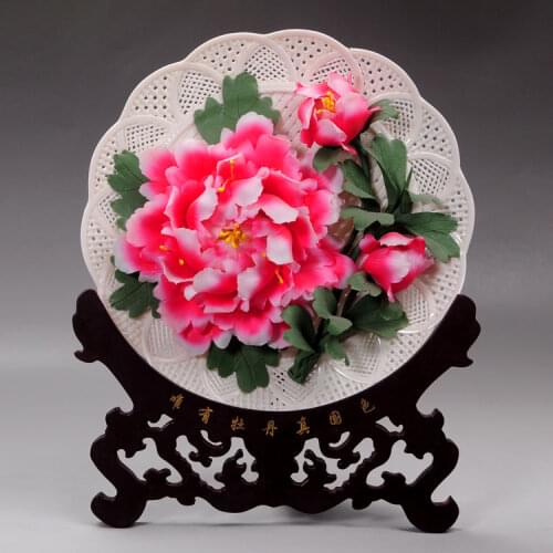 Rich red peony porcelain ceramic disc hanging plate hollow handmade art gift Home Furnishing disk disk