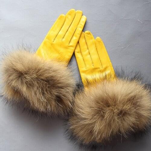 Lg0004B Real Raccoon Fur Gloves Leather Womens Gloves Natural Fur Sheepskin Genuine Leather Gloves Female