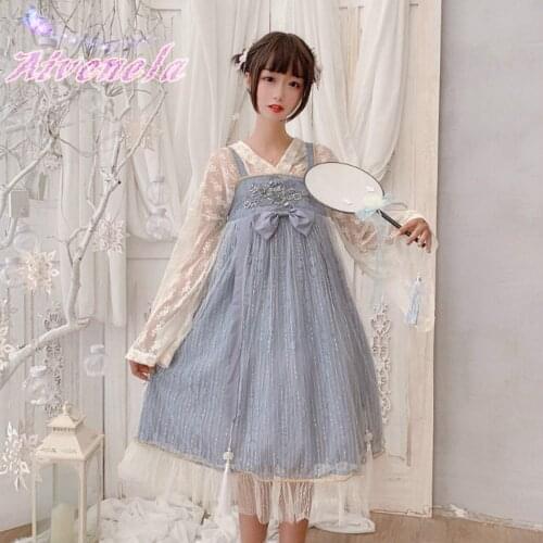 Lolita JSK Dress Sweet Soft Girls Chinese Style Han Costume Straped Spaghetti Dresses Kawaii Girl Women Party Vestidos AFC1016