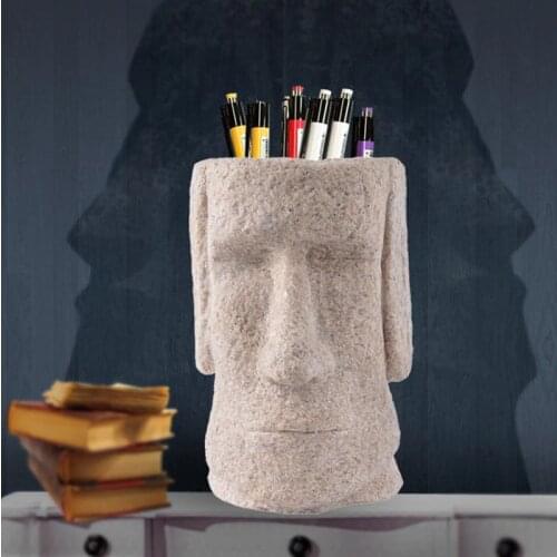 Multi-function Easter Island Statue Stationery Organizer Resin Pen Holder 3D Decoration for Office Accessories House Supplies