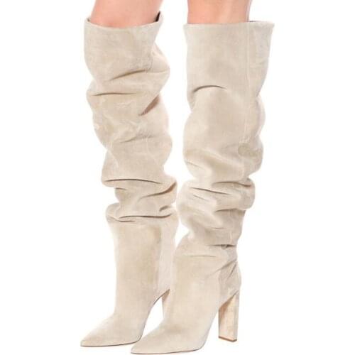 Moraima Snc Runway High heel Boots Pointed Toe Thick Heeks Over the knee Boots Solid Colors Suede Long Boots Beige