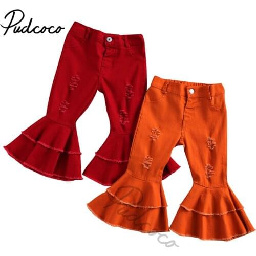 2-7Y Toddler Baby Girls Flare Pants Spring New Solid Color Holes Denim Boot Cut Pants Long Trousers Bottoms