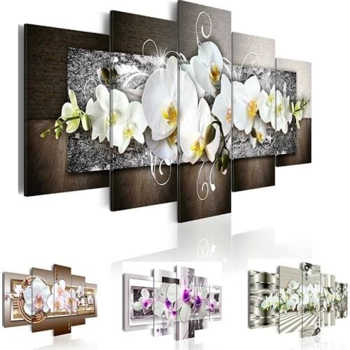 Canvas Prints Poster Home Decor 5 Pieces White Flower Orchids Painting Living Room Exquisite Background Pictures Wall Art Framed