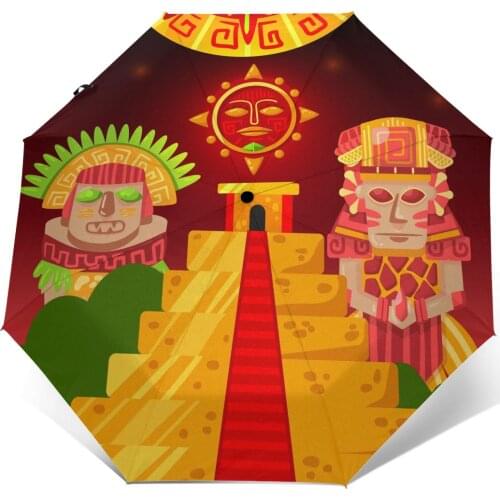 Maya Civilization Poster Mayan Idols Windproof Automatic Folding Inverted Umbrella Portable Paraguas for Man Woman