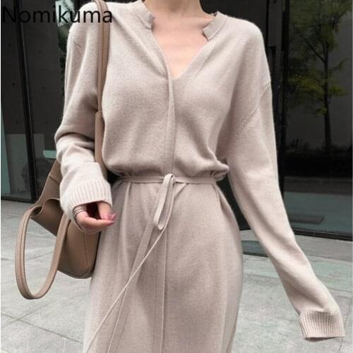 Nomikuma Knitted Elegant Dress Women Solid Color V Neck Long Sleeve Slim Waist Lace Up Winter Dresses New Arrival Vestidos Mujer