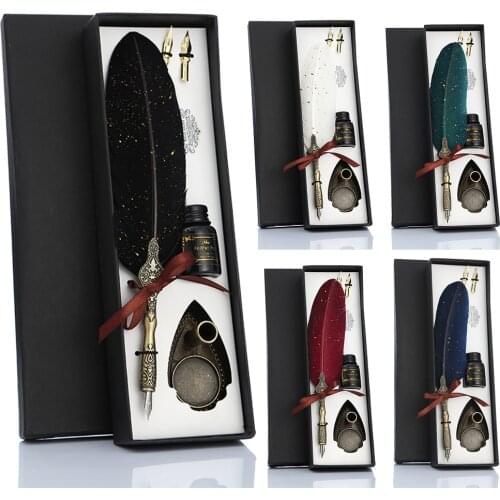 Retro Vintage Calligraphy Feather Dip Pen Fashion Pen Handle 2 Nib Writing Ink Set Quill Fountain Pen Writing Set Birthday Gift