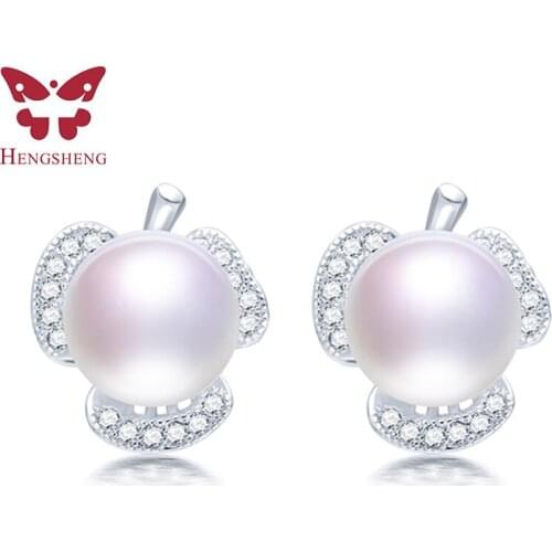 HENGSHENG 2019 Freshwater Cultured Pearl Leaf Stud Earrings, Pearl Size 9-10mm White Pink Purple Silver Earrings For Women Gift