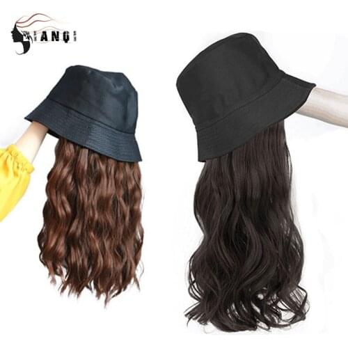 DIANQI synthetic wig for women,natural wavy black / brown hair,connection with black fisherman hat, no adjustable for girls