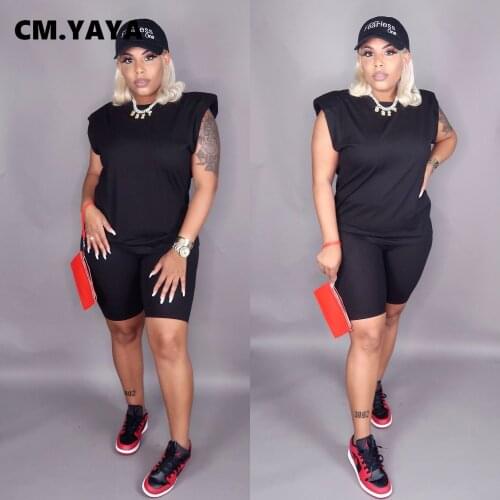 CM.YAYA Women Set Solid Sleeveless Tops Stretchy Shorts Two 2 Piece Sets Active Tracksuit Sweatsuit Sporty Outfits Summer 2021