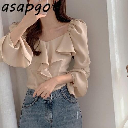 Temperament Shirts & Blouses Retro Slim V Neck Flare Sleeve Blouse Women Clothing Full Khaki Tops Elegant Chic Blusas De Mujer