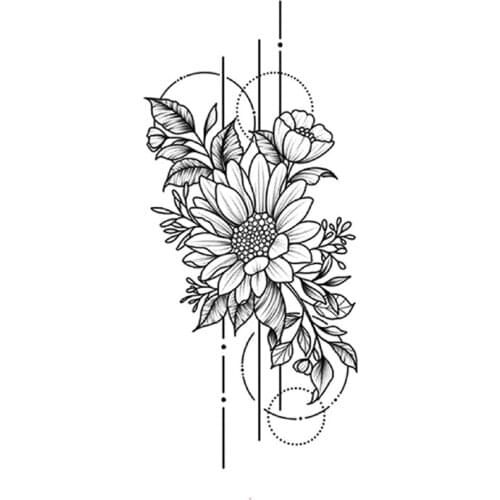 Temporary Tattoo Stickers Black Sunflowers Geometry Lines Desgin Fake Tattoos Waterproof Tatoos Arm Large Size for Women Girl