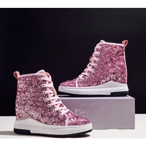 Womens Sequins Bling Casual Sneakers Lace Up Wedge High Hidden Heel Shoes 3Color