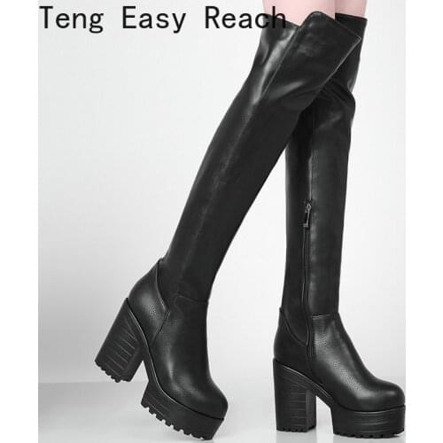 Platform Square Heel Women Over The Knee Boots Fashion Zipper Women Long Boots PU Leather 2021 Winter Boots Black White