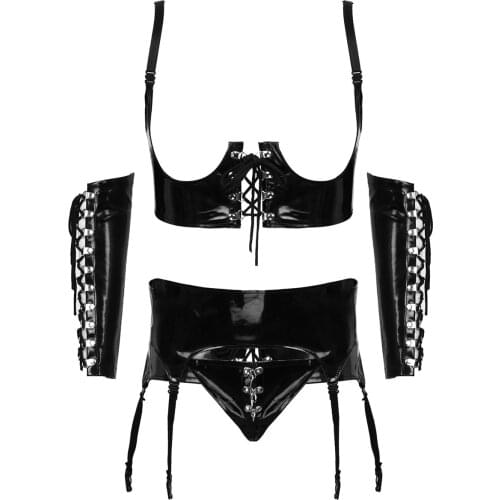 Womens Leather Exotic Lingerie Set Sex Open Bust Underwired Lace Up Corset Top with Garter Panties G-string and Sleeves Clubwear
