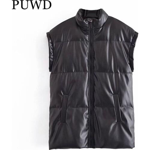 PUWD Women Faux Leather Cotton Vest 2021 Winter Fashion Ladies Loose Streetwear Sleeveless Parka Jacket Female Pocket Outerwear
