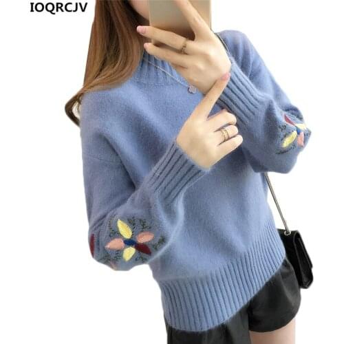 Winter Women Sweaters 2018 New Fashion Embroidered Long Sleeve Half High-necked Pullover Knit Sweater Women Loose Casual Top H1