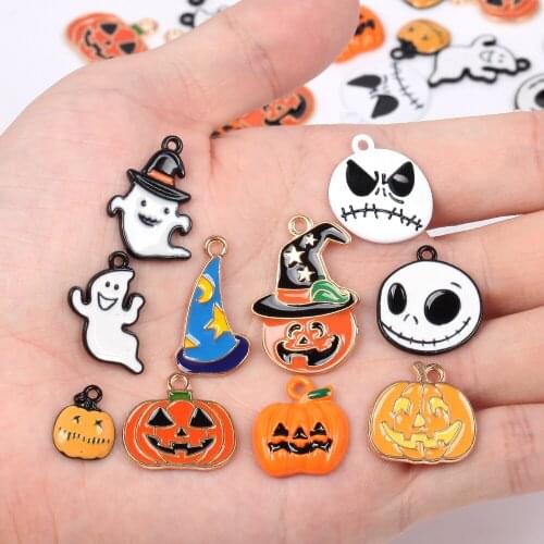 10pcs Enamel Alloy Metal Drop Oil Charms Pendant Pumpkin Hat Ghost Accessories For Jewelry Making Diy Necklace Earring Bracelet