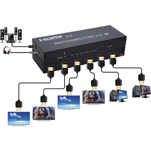 4K 60Hz HDMI 2.0 2 In 4 Out Switch Splitter 2x4 2X2 Audio Extractor Video Converter Adapter 3D 1080p for PS4 PS5 DVD To TV HDTV