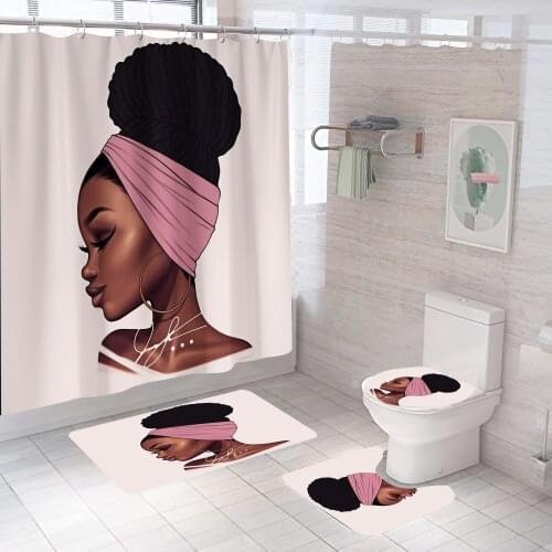 African With Afro Africa Girl Durable Waterproof American Women With Crown Shower Curtain Set Non-Slip Bathroom Mat Rugs